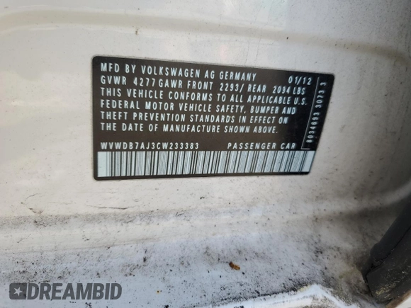 2012 Volkswagen Golf with VIN WVWDB7AJ3CW233383, listed as a Copart auction lot 52623305 with 209,814 mi miles and Salvage Title. Bid and sale history available at DreamBid. Image 12.