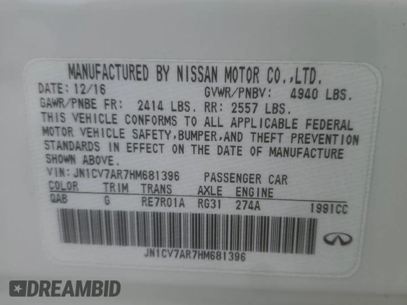 2017 Infiniti Q50 2.0t Premium with VIN JN1CV7AR7HM681396, listed as a Copart auction lot 86904894 with 110,600 mi miles and Salvage Title. Bid and sale history available at carsss.com. Image 12.