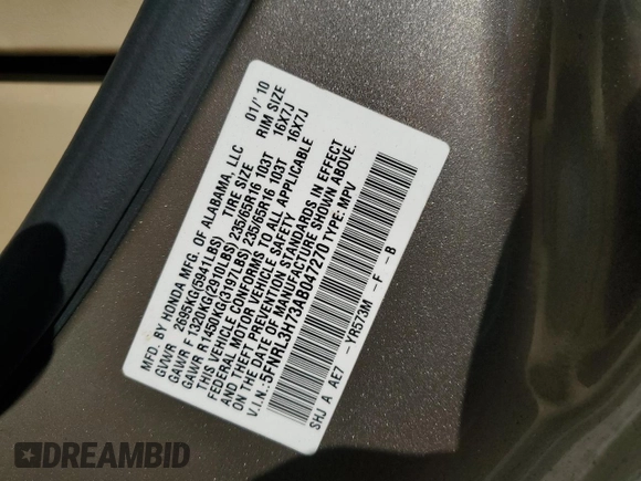 2010 Honda Odyssey EX-L with VIN 5FNRL3H73AB047270, listed as a Copart auction lot 47077425 with 0 mi miles and Salvage Title. Bid and sale history available at carsss.com. Image 13.
