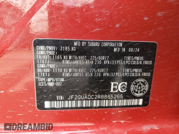 2024 Subaru Crosstrek Premium с VIN JF2GUADC2R8885265, выставлен на аукционе Copart как лот 53027155 с пробегом 10 192 миль миль и Списание • Salvage title. История ставок и продаж доступна на DreamBid. Изображение 13.