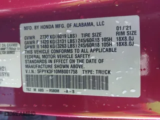 2021 Honda Ridgeline Sport with VIN 5FPYK3F10MB001758, listed as a IAAI auction lot 41397629 with 46,572 mi miles. Bid and sale history available at carsss.com. Image 9.