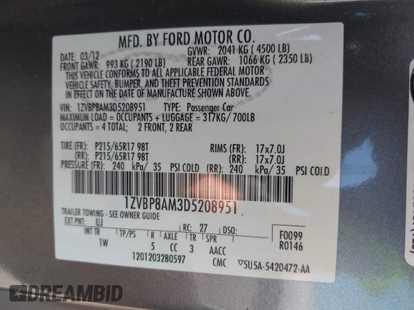 2013 Ford Mustang V6 with VIN 1ZVBP8AM3D5208951, listed as a IAAI auction lot 42246454 with 100,143 mi miles and . Bid and sale history available at DreamBid. Image 9.