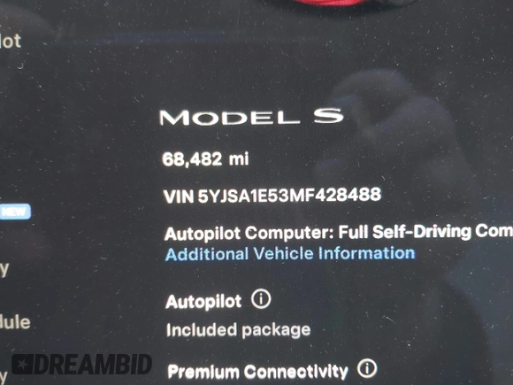 2021 Tesla Model S Long Range with VIN 5YJSA1E53MF428488, listed as a IAAI auction lot 42511017 with 68,482 mi miles and . Bid and sale history available at DreamBid. Image 14.