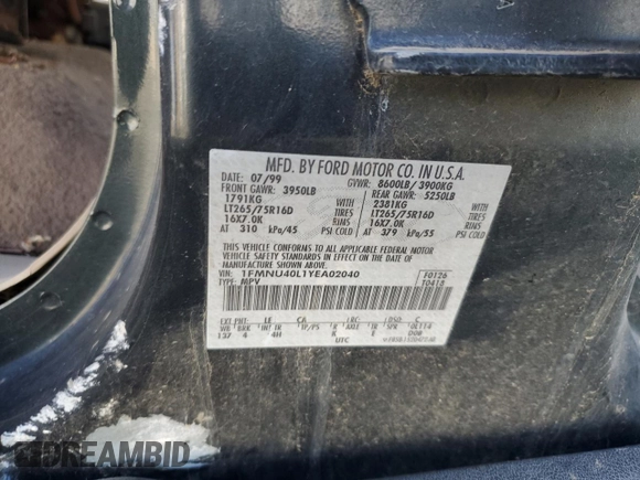 2000 Ford Excursion Special Serv with VIN 1FMNU40L1YEA02040, listed as a Copart auction lot 43954055 with Not provided miles and Non repairable. Bid and sale history available at DreamBid. Image 12.