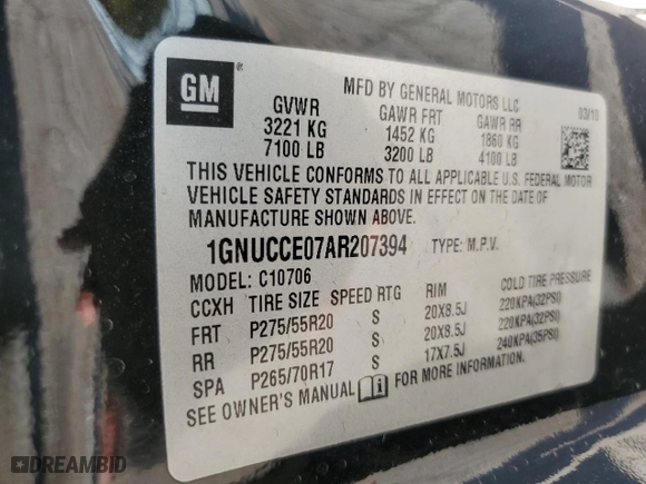 2010 Chevrolet Tahoe LTZ with VIN 1GNUCCE07AR207394, listed as a Copart auction lot 83867634 with 207,112 mi miles and Salvage Title. Bid and sale history available at carsss.com. Image 13.