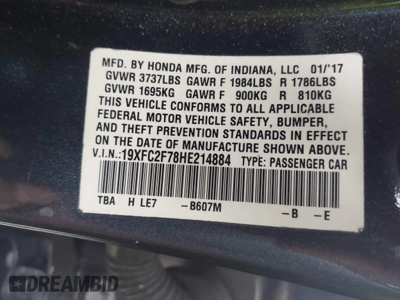 2017 Honda Civic Sedan EX with VIN 19XFC2F78HE214884, listed as a IAAI auction lot 41687685 with 124,623 mi miles. Bid and sale history available at carsss.com. Image 9.