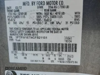 2012 Ford F-150 XL with VIN 1FTFW1ET4CFB21181, listed as a Copart auction lot 57241005 with 234,201 mi miles and Salvage title. Bid and sale history available at DreamBid. Image 12.
