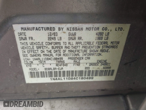 2004 Nissan Altima S with VIN 1N4AL11D84C180499, listed as a IAAI auction lot 42331141 with 180,365 mi miles and . Bid and sale history available at DreamBid. Image 9.