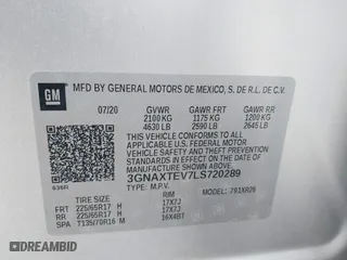 2020 Chevrolet Equinox LT with VIN 3GNAXTEV7LS720289, listed as a IAAI auction lot 41641550 with 135,353 mi miles. Bid and sale history available at carsss.com. Image 9.