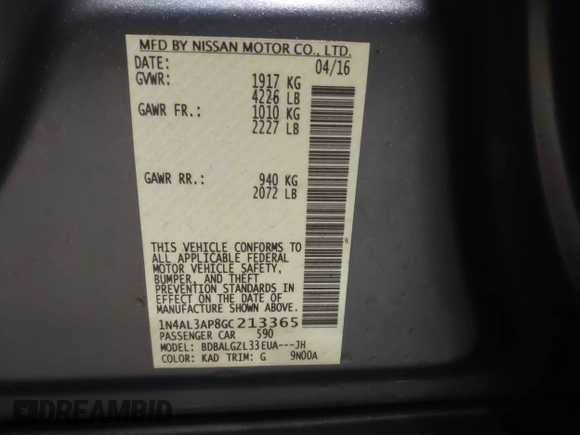 2016 Nissan Altima SR with VIN 1N4AL3AP8GC213365, listed as a IAAI auction lot 41757090 with 141,065 mi miles and . Bid and sale history available at carsss.com. Image 9.
