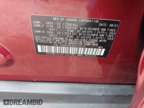 2022 Subaru Outback Limited with VIN 4S4BTANC8N3133115, listed as a IAAI auction lot 42012903 with 57,205 mi miles and . Bid and sale history available at DreamBid. Image 9.