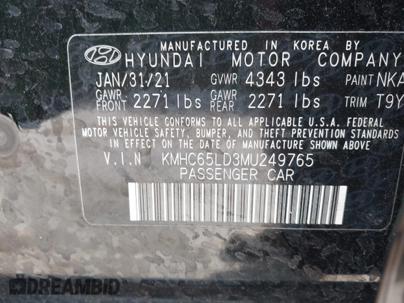 2021 Hyundai Ioniq SE with VIN KMHC65LD3MU249765, listed as a IAAI auction lot 41986977 with 63,363 mi miles and . Bid and sale history available at DreamBid. Image 9.