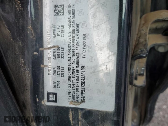 2014 Buick Verano с VIN 1G4PP5SK5E4236189, выставлен на аукционе Copart как лот 59744005 с пробегом 161 519 миль миль и Списание • Salvage title. История ставок и продаж доступна на DreamBid. Изображение 12.