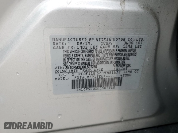 2019 Nissan Kicks S z VIN 3N1CP5CUXKL507260, wystawiony jako Copart lot #56891825 z przebiegiem 50 193 mil mil oraz Nie do naprawy • Non repairable. Historia ofert i sprzedaży dostępna na DreamBid. Obrazek 14.