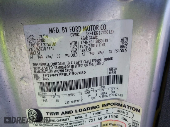 2014 Ford F-150 XL с VIN 1FTFW1EF8EFB07085, выставлен на аукционе IAAI как лот 42450566 с пробегом 89 654 миль миль и . История ставок и продаж доступна на DreamBid. Изображение 9.