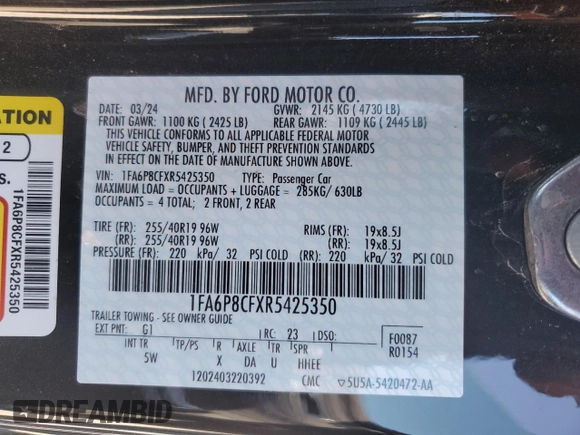 2024 Ford Mustang GT with VIN 1FA6P8CFXR5425350, listed as a Copart auction lot 44554165 with 4,356 mi miles and Salvage Title. Bid and sale history available at DreamBid. Image 13.