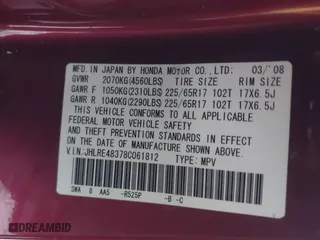 2008 Honda CR-V LX with VIN JHLRE48378C061812, listed as a IAAI auction lot 41267848 with 211,164 mi miles. Bid and sale history available at carsss.com. Image 9.