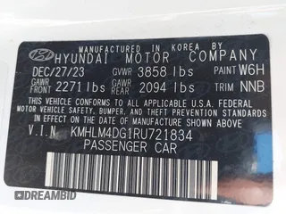2024 Hyundai Elantra SEL z VIN KMHLM4DG1RU721834, wystawiony jako IAAI lot #41989186 z przebiegiem 19 877 mil mil oraz . Historia ofert i sprzedaży dostępna na DreamBid. Obrazek 9.
