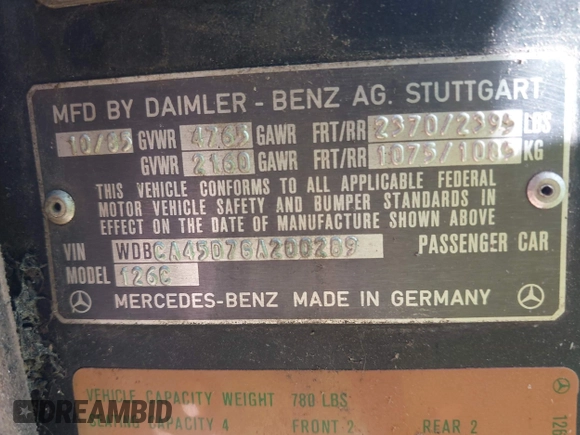 1986 Mercedes-Benz 560 z VIN WDBCA45D7GA200289, wystawiony jako IAAI lot #42313986 z przebiegiem 203 457 mil mil oraz . Historia ofert i sprzedaży dostępna na DreamBid. Obrazek 9.