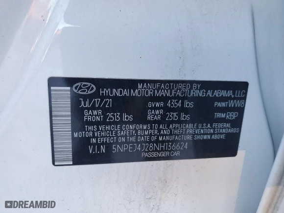 2022 Hyundai Sonata SEL Plus with VIN 5NPEJ4J28NH136624, listed as a Copart auction lot 89252425 with 66,808 mi miles and Salvage Title. Bid and sale history available at carsss.com. Image 13.