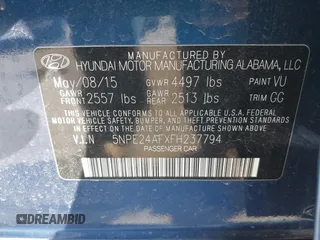 2015 Hyundai Sonata 2.4L SE with VIN 5NPE24AFXFH237794, listed as a IAAI auction lot 41997254 with 89,547 mi miles. Bid and sale history available at carsss.com. Image 9.