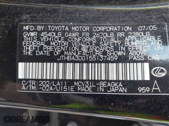 2005 Lexus ES 350 with VIN JTHBA30G155137459, listed as a IAAI auction lot 42541403 with 226,023 mi miles and . Bid and sale history available at DreamBid. Image 9.