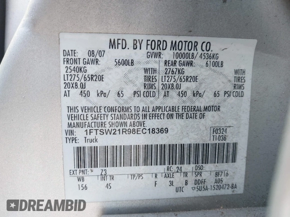 2008 Ford F-250 XL with VIN 1FTSW21R98EC18369, listed as a IAAI auction lot 41422624 with 176,292 mi miles. Bid and sale history available at carsss.com. Image 9.