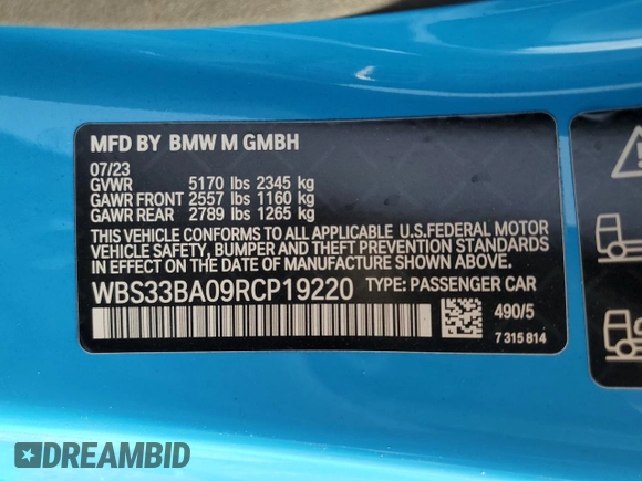 2024 BMW M4 Competition xDrive z VIN WBS33BA09RCP19220, wystawiony jako Copart lot #84696084 z przebiegiem 10 076 mil mil oraz Szkoda całkowita • Salvage title. Historia ofert i sprzedaży dostępna na DreamBid. Obrazek 14.