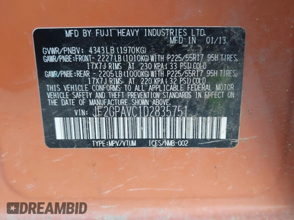 2013 Subaru Crosstrek Premium с VIN JF2GPAVC1D2835751, выставлен на аукционе IAAI как лот 40911091 с пробегом 104 066 миль миль и . История ставок и продаж доступна на DreamBid. Изображение 9.
