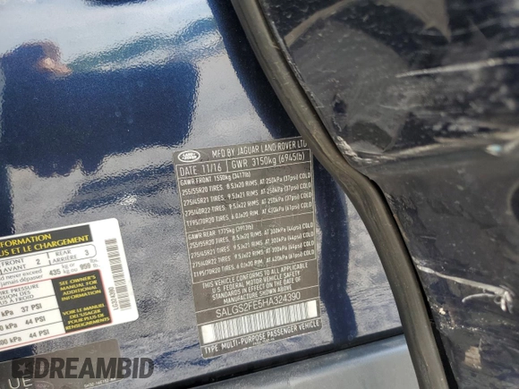 2017 Land Rover Range Rover with VIN SALGS2FE5HA324390, listed as a Copart auction lot 54923095 with 109,116 mi miles and Salvage title. Bid and sale history available at DreamBid. Image 13.