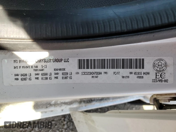 2013 Dodge Avenger SXT with VIN 1C3CDZCBXDN759304, listed as a Copart auction lot 55633475 with 178,409 mi miles and Clean Title. Bid and sale history available at carsss.com. Image 12.