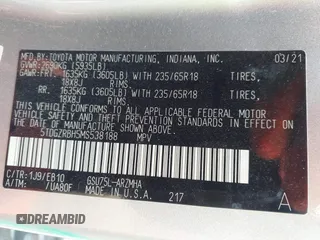 2021 Toyota Highlander XLE with VIN 5TDGZRBH5MS538188, listed as a IAAI auction lot 42257104 with 55,701 mi miles and . Bid and sale history available at DreamBid. Image 9.