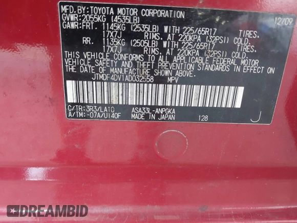 2010 Toyota RAV4 Limited with VIN JTMDF4DV1AD032558, listed as a IAAI auction lot 42247106 with 117,841 mi miles and . Bid and sale history available at DreamBid. Image 9.