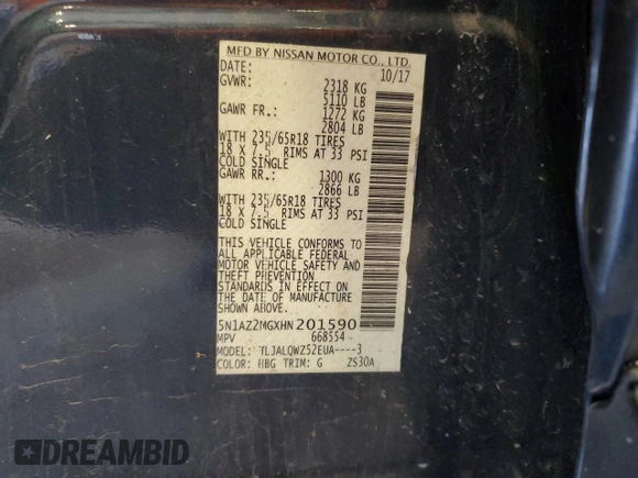 2017 Nissan Murano S z VIN 5N1AZ2MGXHN201590, wystawiony jako Copart lot #57227565 z przebiegiem 60 124 mil mil oraz Szkoda całkowita • Salvage title. Historia ofert i sprzedaży dostępna na DreamBid. Obrazek 12.