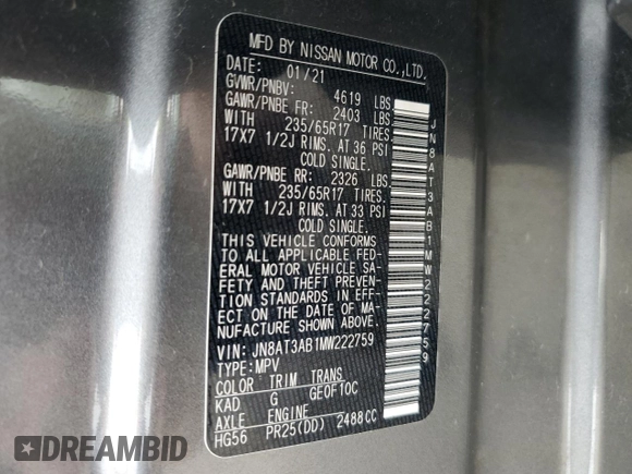 2021 Nissan Rogue S with VIN JN8AT3AB1MW222759, listed as a Copart auction lot 61194215 with 57,950 mi miles and Salvage title. Bid and sale history available at DreamBid. Image 14.