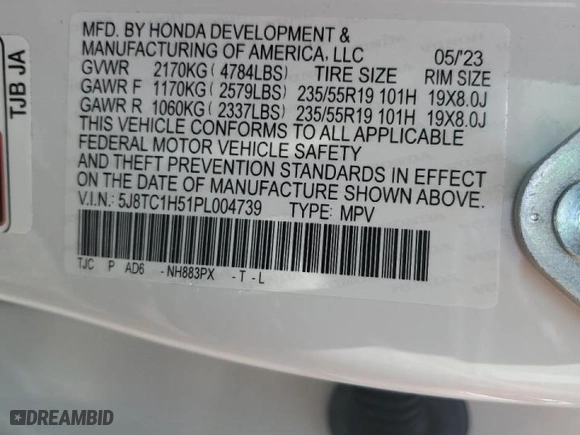 2023 Acura RDX w/Technology Package with VIN 5J8TC1H51PL004739, listed as a Copart auction lot 62751094 with 0 mi miles and Salvage Title. Bid and sale history available at carsss.com. Image 14.