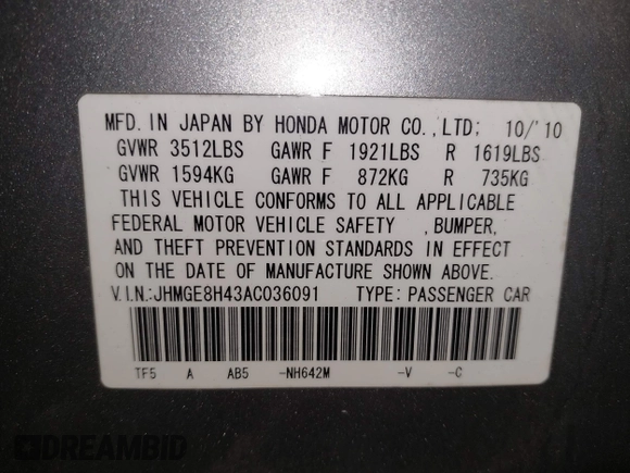 2010 Honda Fit Sport with VIN JHMGE8H43AC036091, listed as a IAAI auction lot 42566790 with 65,506 mi miles and . Bid and sale history available at DreamBid. Image 9.