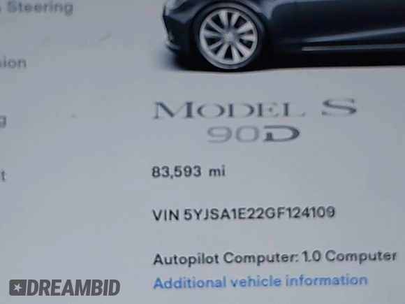 2016 Tesla Model S 90D with VIN 5YJSA1E22GF124109, listed as a IAAI auction lot 42487466 with 83,593 mi miles and . Bid and sale history available at DreamBid. Image 15.