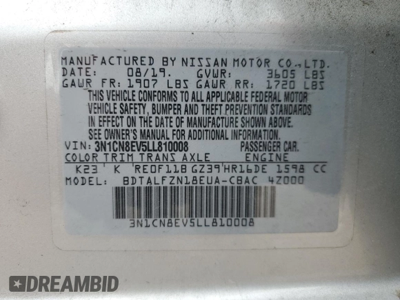 2020 Nissan Versa SV z VIN 3N1CN8EV5LL810008, wystawiony jako Copart lot #53625285 z przebiegiem 33 440 mil mil oraz Czysty tytuł • Clean title. Historia ofert i sprzedaży dostępna na DreamBid. Obrazek 13.