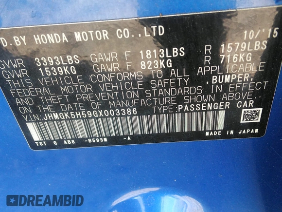 2016 Honda Fit LX с VIN JHMGK5H59GX003386, выставлен на аукционе IAAI как лот 42758342 с пробегом 156 471 миль миль и . История ставок и продаж доступна на DreamBid. Изображение 9.