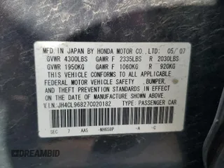 2007 Acura TSX with VIN JH4CL96827C020182, listed as a Copart auction lot 65925845 with 174,271 mi miles and Salvage title. Bid and sale history available at DreamBid. Image 12.