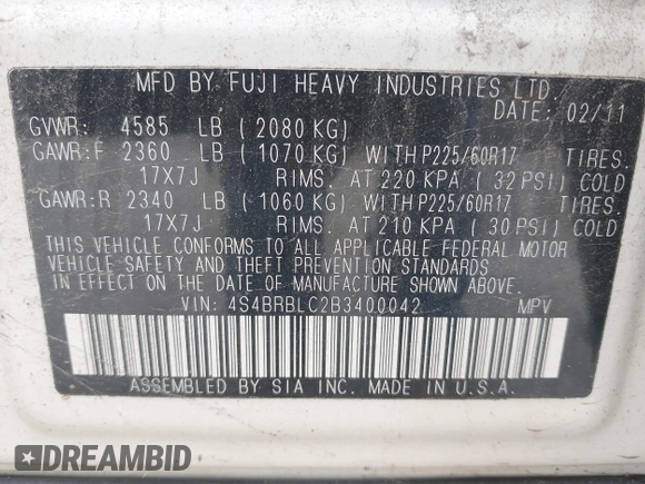 2011 Subaru Outback Limited Power Moon with VIN 4S4BRBLC2B3400042, listed as a IAAI auction lot 42701713 with 203,806 mi miles and . Bid and sale history available at DreamBid. Image 9.