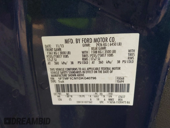 2013 Ford F-150 XL with VIN 1FTMF1CM1DKG40796, listed as a IAAI auction lot 41208425 with 154,987 mi miles and . Bid and sale history available at carsss.com. Image 9.