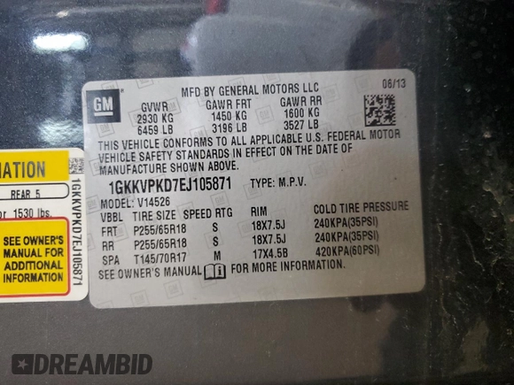 2014 GMC Acadia SLE with VIN 1GKKVPKD7EJ105871, listed as a Copart auction lot 62723025 with 115,998 mi miles and Clean title. Bid and sale history available at DreamBid. Image 13.