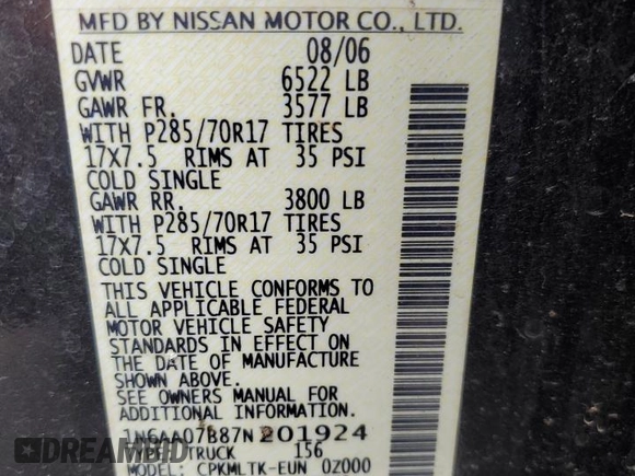 2007 Nissan Titan SE with VIN 1N6AA07B87N201924, listed as a Copart auction lot 60361425 with 167,659 mi miles and Salvage title. Bid and sale history available at DreamBid. Image 12.