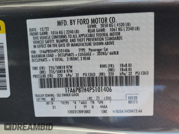 2023 Ford Mustang EcoBoost with VIN 1FA6P8TH4P5101406, listed as a Copart auction lot 58987905 with 41,773 mi miles and Salvage title. Bid and sale history available at DreamBid. Image 12.