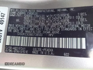 2008 Toyota Sienna CE с VIN 5TDZK23C88S138560, выставлен на аукционе IAAI как лот 42070920 с пробегом Не указан миль и . История ставок и продаж доступна на DreamBid. Изображение 9.