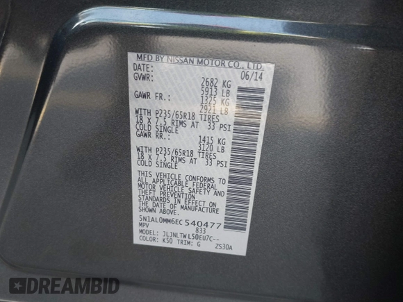 2014 Infiniti QX60 with VIN 5N1AL0MM6EC540477, listed as a IAAI auction lot 42791362 with 143,181 mi miles and . Bid and sale history available at DreamBid. Image 9.