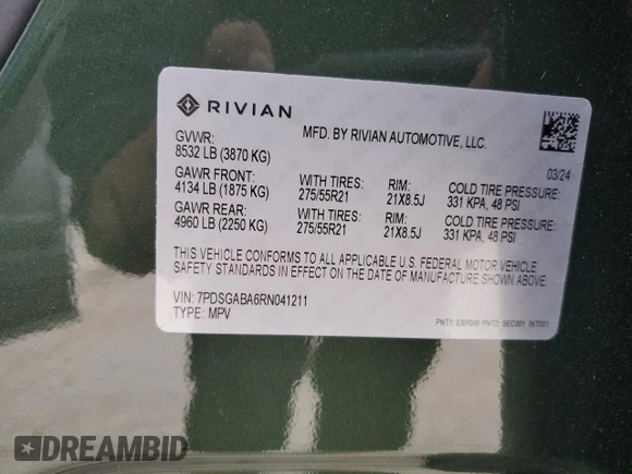 2024 Rivian R1S Adventure with VIN 7PDSGABA6RN041211, listed as a Copart auction lot 87167654 with Not Provided miles and Salvage Title. Bid and sale history available at carsss.com. Image 15.