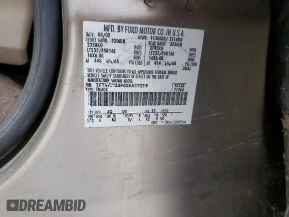 2003 Ford F-350 XL with VIN 1FTWW33F03EA17219, listed as a Copart auction lot 67995664 with Not Provided miles and Salvage Title. Bid and sale history available at DreamBid. Image 12.